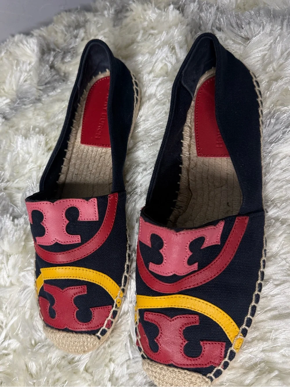 Tory Burch Black Canvas Espadrilles with Red, Pink & Yellow Leather Accents
